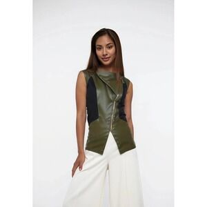 IMAN Women's Green Black Leather Vest Jacket Size M Style 129297 Chic Sleeveless